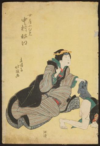 Kabuki scene with actor Nakamura Shoko as seated woman in striped kimono against a yellow background