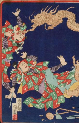 Kabuki scene of three male actors with a Buddhist guardian figure