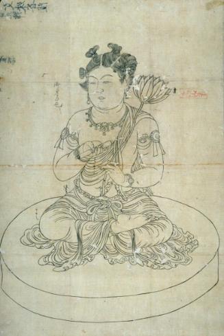 Iconographic drawing of seated Manjushri (Japanese: Monju)