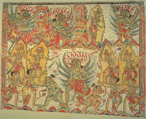 A scene from the epic Mahabharata: Garuda overcomes the gods and steals the nectar of immortality