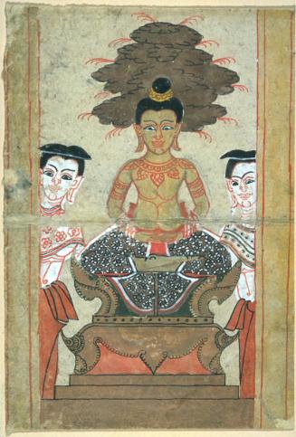 Prince Temiya resists temptation by beautiful women; a scene of the Temiya Jataka, from a manuscript