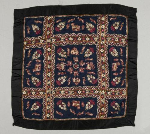 Square cloth (chakla) with warriors on elephants and horses, birds, flowers, cows, and herders