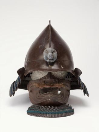 Peach-shaped helmet (kabuto) with rabbit crest and face guard (menpo)