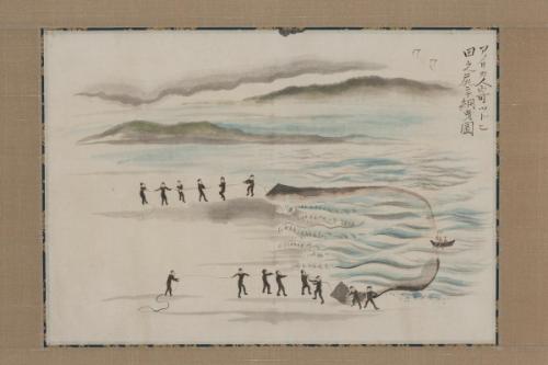 Americans Gathering in a Fishing Net at Tanoshiri, from the Black Ship Scroll