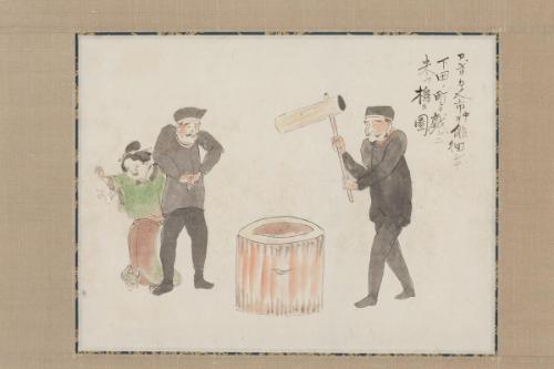 Picture of Americans Wandering around the Town of Shimoda and, as a Joke, Husking Rice, from the Black Ship Scroll