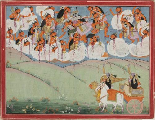 Krishna and Pradyumna rescue Arjuna, from a Harivamsha (Lineage of Vishnu) manuscript