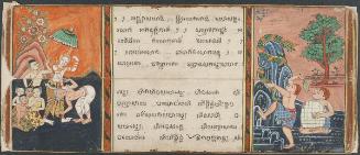 Double page from a manuscript with illustrations of tales of the last ten lives of the Buddha-to-be; left: A scene from the story of Mahosadha; right: a scene from the story of Bhuridatta