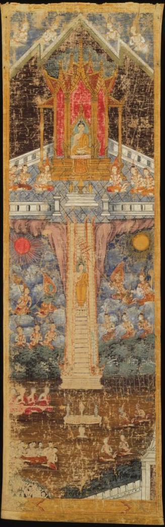 The Buddha preaches in Indra's heaven and descends to earth, with hell below