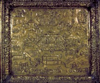 Plaque of Buddhist scene showing the Buddha Shakyamuni seated