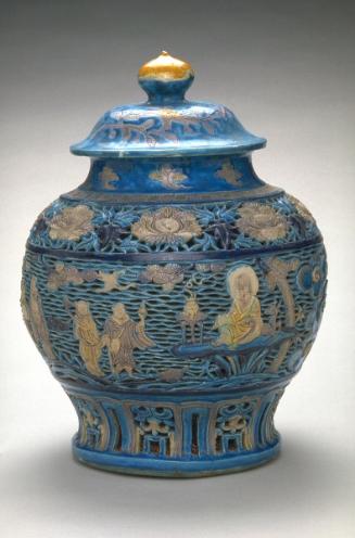 Lidded jar with a scene of celebrating longevity by Daoist Immortals