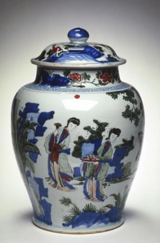 Covered jar with female musicians