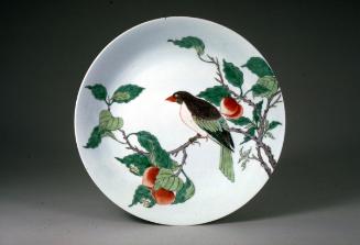 Dish with a magpie and three apricots