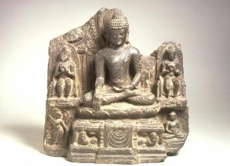 Seated Buddha with four scenes of his life