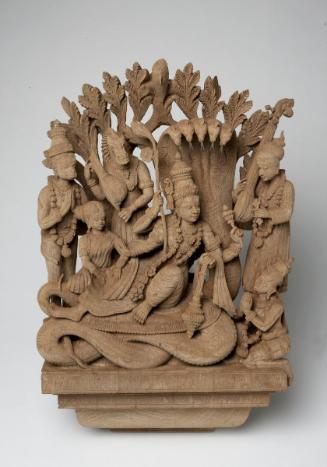 Vishnu on the serpent in the cosmic ocean, with Lakshmi, Hanuman, and other figures