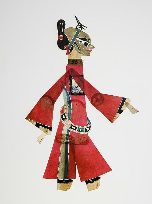 Green-faced male figure wearing red robe with badge and belt