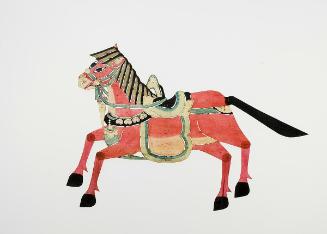 Red horse with blue-trimmed saddle