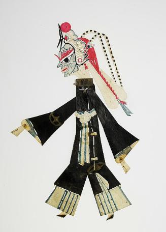 Blue-faced female figure wearing black robe and pheasant-feathered headdress