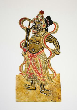 Bare-chested guardian figure holding a scroll