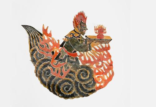 Figure in a flaming cloud holding a tray with flaming gourd