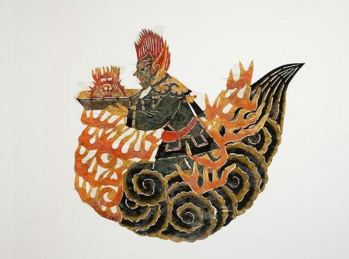 Figure in a flaming cloud holding a tray with a flaming wheel