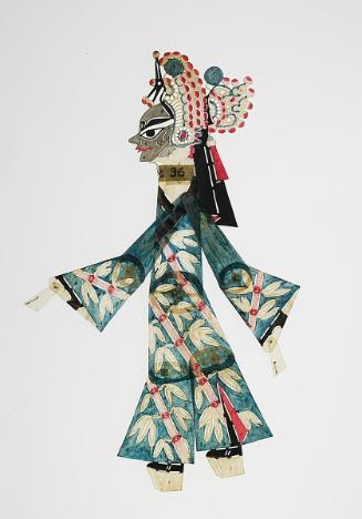 Gray-faced male figure in blue robe with bamboo design