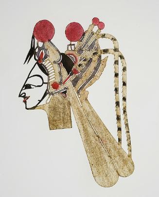 Head wearing headdress with pheasant feathers and two red balls