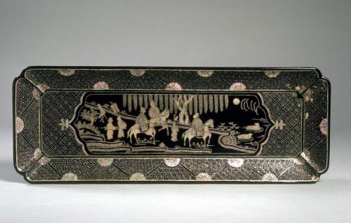 Rectangular tray with officials traveling on horses