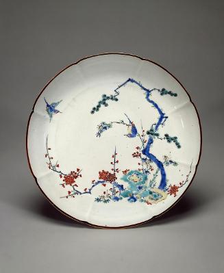 Lobed plate with bird and flower decoration