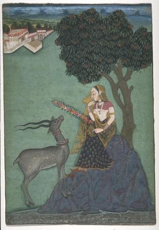 Woman holding a flowering branch, symbolizing a musical mode (Gauri Ragini)