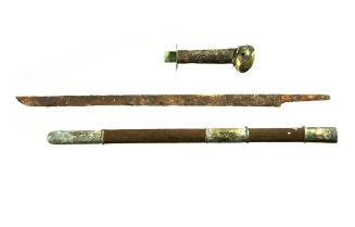 Sword with rounded pommel, scabbard, and hilt