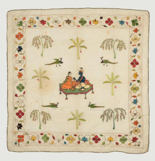 Ceremonial cloth (rumal) showing Krishna and Radha in a garden