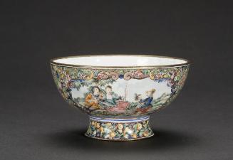 Bowl with scene of Western figures in a rural European landscape