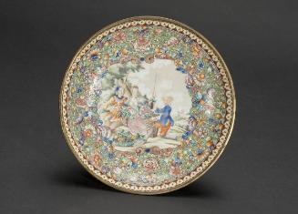 Saucer with scene of Western figures in a rural European landscape