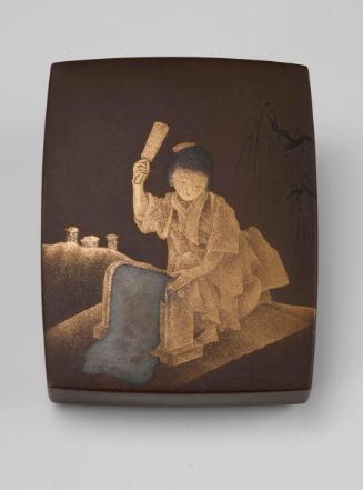 Rectangular incense container (kogo) with woman fulling silk