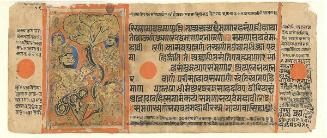 A god takes the form of a snake and giant to frighten Mahavira, a page from a manuscript of the Kalpasutra (Book of Ritual)