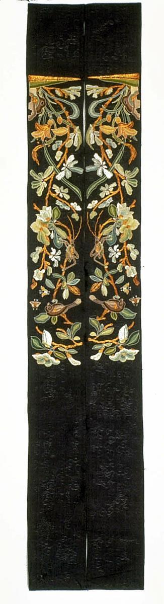 Coat sleeve band decorated with flowers, birds, and insects, one of a pair