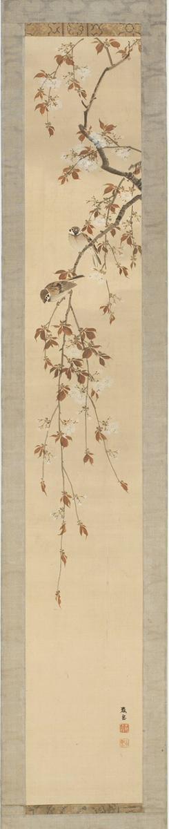 Two sparrows on a flowering  cherry branch (one of a pair of hanging scrolls)