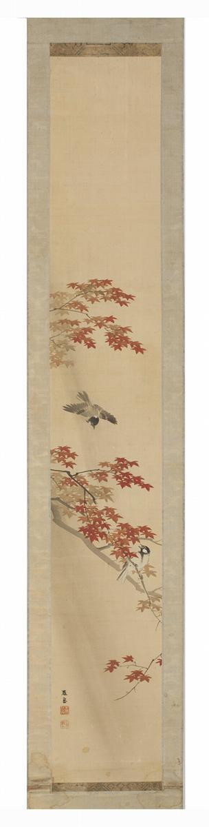 Two sparrows and a maple (one of a pair of hanging scrolls)