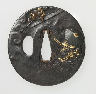 Sword guard with design of the warrior Watanabe Tsuna fighting a demon