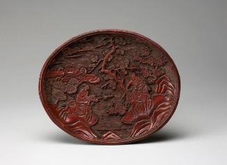 Oval tray decorated with a scene of two fighting warriors