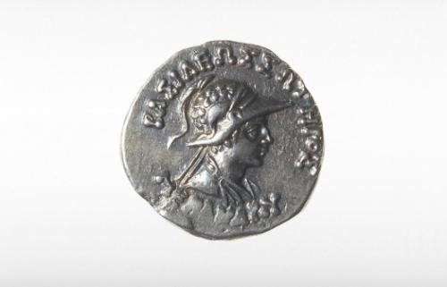 The Greek deity Athena, reverse side of a coin issued by the Indo-Greek king Menander I