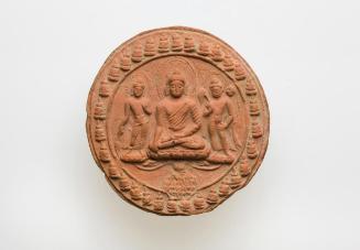 Buddhist votive tablet with Buddha flanked by bodhisattvas