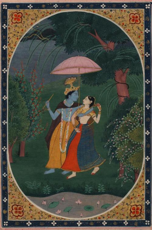 The Hindu deity Krishna and his consort sheltered from the rain by an umbrella