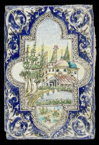 Wall tile with architectural scene