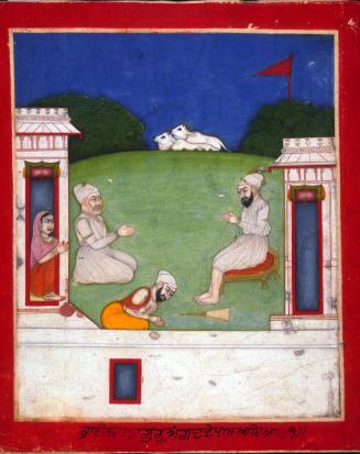 Bhai Bala recites the life story of Guru Nanak to Guru Angad and onlookers, from a manuscript of the Janam Sakhi (Life Stories)