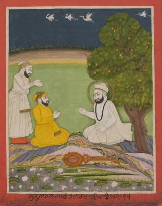 Guru Nanak meets Firanda the rabab maker, from a manuscript of the Janam Sakhi (Life Stories)