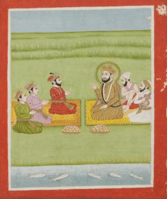 Guru Nanak and Raja Sudhar Sain, Jhanda Badhi the carpenter, and Indar Sain Manuscript page of the Janamsakhi (ਜਨਮਸਾਖੀ, Life Stories)