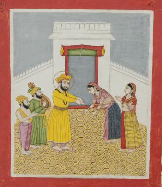 Guru Nanak visiting his sister Bibi Nanaki, from a manuscript of the Janam Sakhi (Life Stories)