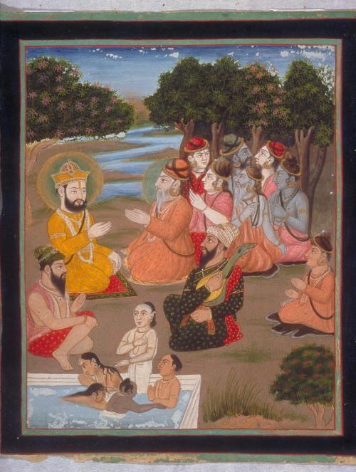 Guru Nanak meets Nath Siddhas at the village of Achal Batala, from a manuscript of the Janam Sakhi (Life Stories)