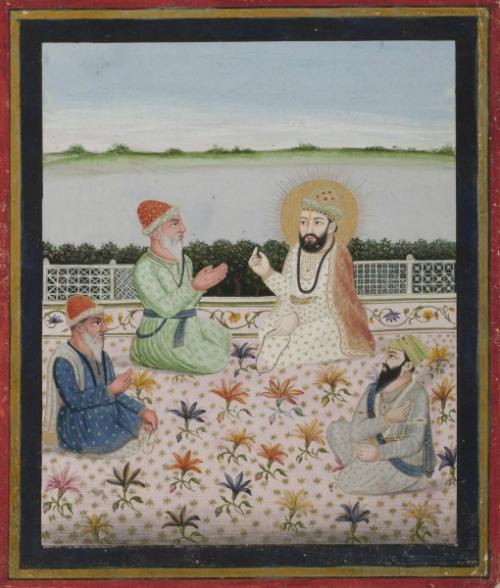 Guru Nanak's meeting with Vali Qandhara and Sharaf Pathan, from a manuscript of the Janam Sakhi (Life Stories)